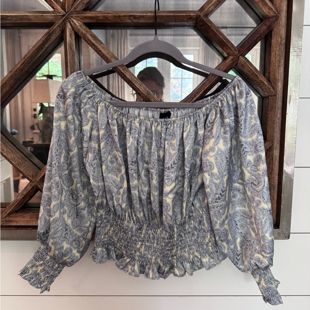 Lucy Paris Grayish Green and Yellow Smocked Ruffled Blouse